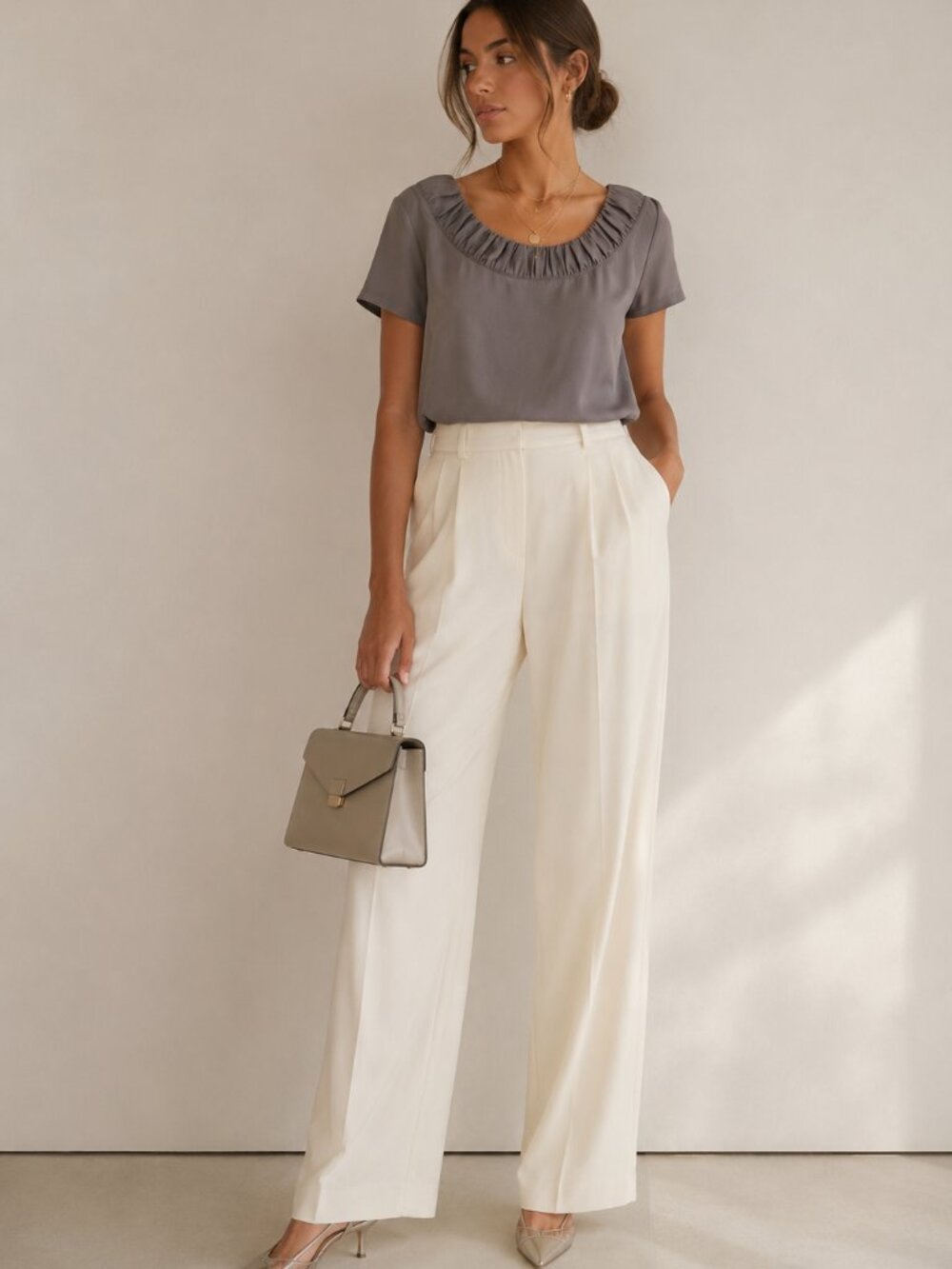 Leyendecker Gathered Neck Silk Blend Top Gray Size 8